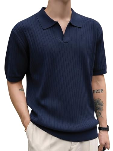 Image of Veirdo Men's Casual Ribbed Polo Collar Knit T-Shirt | Regular Fit Half Sleeve Polo for Men | Flat Knit Textured T-Shirt Perfect for Office, Party, Travel
