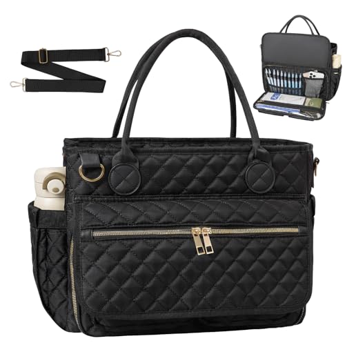 Teacher Tote Bag 15.6 Inch, Large Work Tote Bag With Laptop Compartments, Quilted Women Messenger Bag With Shoulder Strap for Office/Travel/School/Nursing Supplies Organizer,Black