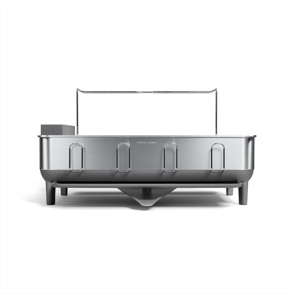 Simplehuman Kitchen Dish Drying Rack with Swivel Spout, Fingerprint-Proof Stainless Steel Frame, Grey Plastic