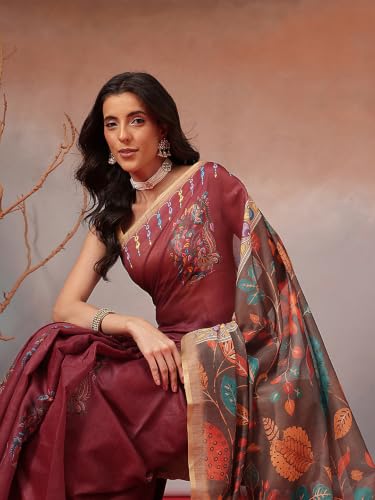 Image of Amazon Brand - Anarva Women's Kalamkari Saree With Blouse Piece