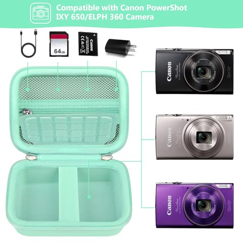 Image of Camera Case for Canon PowerShot ELPH 360 HS A, IXY 650 /ELPH 360 Camera Protective Case Storage Holder Travel Bag with Wrist Strap, Mesh Pocket for Battery Pack, USB Cable, Light Green