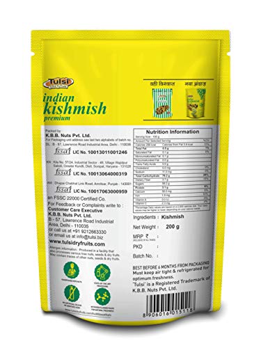 Image of Tulsi Indian Green Kishmish Premium 200g | Seedless Kishmish | Green Raisins | Premium Dried Grapes | Dry Fruits | Healthy & Tasty Snacks | Fat Free | Source of Dietary Fiber (Pack of 2)