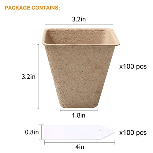 Ehwine Peat Pots, 100 Pack 3.15 Inch Square Seed Starter Tray Seedling Pots Organic Peat Pots For Seedlings Seed Starter Pots Kit Seedling Trays, Bonus 100 Pcs Plant Labels #TOP1