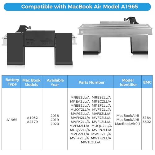 Image of A1932 Battery,A1965 A2179 Battery Replacement for MacBook Air 13 inch Model A1932 (Mid 2018, 2019) Model A2179 (2020 Release Version) (Upgraded High Performance 11.4V 49.9Wh 4379mAh)