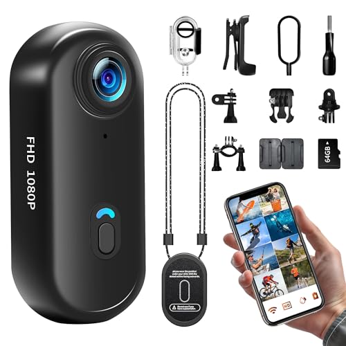 UYIKOO Cámara Deportiva, 64GB Cámara de Acción WiFi, 120° Videocámara 1080P Cámara de Casco Mini Cámara Corporal Cámara Subacuática Acuatica Sumergible Varios Accesorios