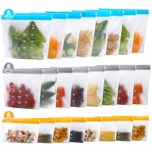 Organizador,24 Piezas Bolsas de Silicona Reutilizables para Congelar –Herméticas, Ecológicas, con Base Estable – Ideal para Alimentos, Snacks y Cosméticos, 3 tallas (3000ml, 1250ml, 625ml) ﻿