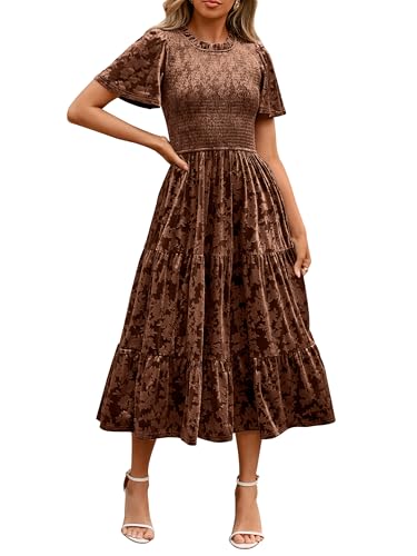 Simplee Velvet Dress for Women Semi Formal Short Sleeve Floral Smocked Empire Waist Fall Winter Wedding Guest Dresses Brown,M