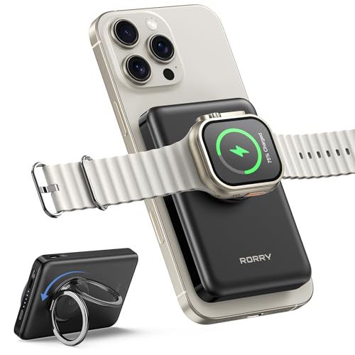 RORRY for Magsafe Battrery Pack, 10000mAh Magnetic Power Bank, 20W PD Fast Charging Wireless Portable Charger with Phone Ring for iPhone 16/15/14/13/12, Apple Watch Ultra/10/9/8/7/6/5/4//SE,