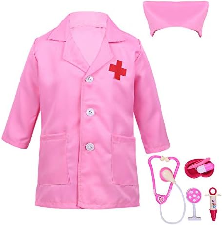 iiniim Kids Boys Girls White Lab Coat Nurse Doctor Uniform Role Play Dress up Costumes with Medical Knit Play Tools Set Pink Kit Set 3-4