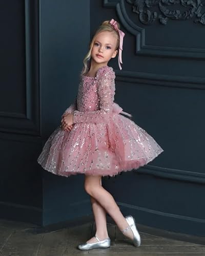 RYANTH Girls Sequin Pageant Dress Sparkly Short Flower Girl Dress Long Sleeves Elegant Birthday Party Dress RW484