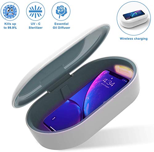 Mustbe Strong Smart Cell Phone UV Sanitizer, Phone Cleaner Portable avec 10W Chargeur sans Fil Et Fonction Aromathérapie pour Les Clés Montres Outils Brosse À Dents Espèces Bijoux