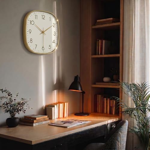 Image of STAR WORK 12 inch Inch Square Silent Non-Ticking Quartz Movement Wall Clock with Analog & Digital Display | Easy-to-Read Numbers | Modern Design for Living Room, Bedroom or Office (White - Gold)