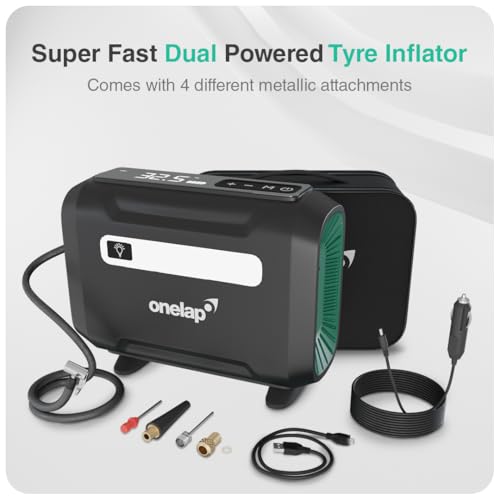 Image of Onelap Quikflate Plus - Wired + Wireless (Real 7800 mAh Battery) SuperFast Digital Tyre Inflator with inbuilt Pressure Gauge for Cars, SUV, Bikes, Cycle, Balls, Balloons