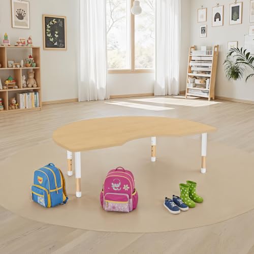 Image of 48 inch x 72 inch Kidney Kids Classroom Table with Adjustable Chunky Wood Legs