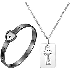 Pulseras Para Parejas Candado Y Llave JewelryWe Joyas Pulsera y Collar para Pareja, Acero Inoxidable de Amor de Bloqueo del corazón y Llave Colgante, Pulsera y Collar de Hombres Mujeres 2 Piezas (Z-Negro)
