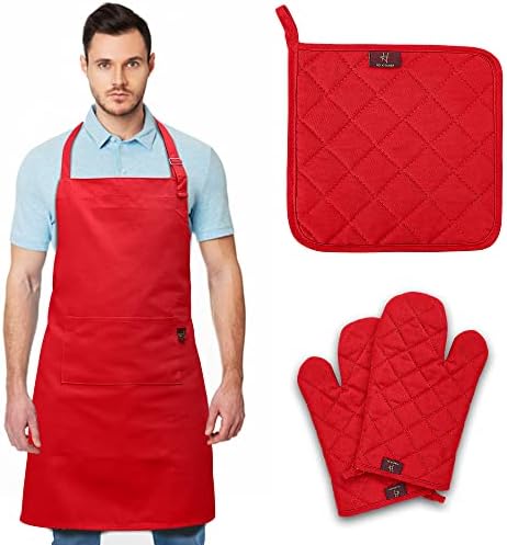 2.HD Kitchen Red Oven Mitts and Pot Holder Sets for Safety with A Professional Chef Apron with Pocket, Heat Resistant Oven Gloves, Pot Holder for Kitchen, Adjustable Cooking Apron for Men and Women