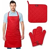 2.HD Kitchen Red Oven Mitts and Pot Holder Sets for Safety with A Professional Chef Apron with Pocke