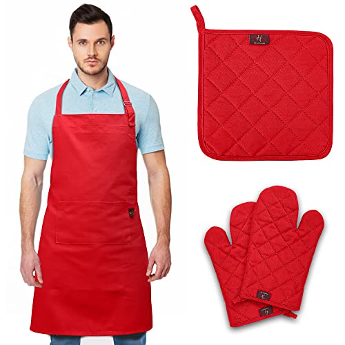 2.Hd Kitchen Red Oven Mitts And Pot Holder Sets For Safety With A Professional Chef Apron With Pocket, Heat Resistant Oven Gloves, Pot Holder For Kitchen, Adjustable Cooking Apron For Men And Women #TOP10