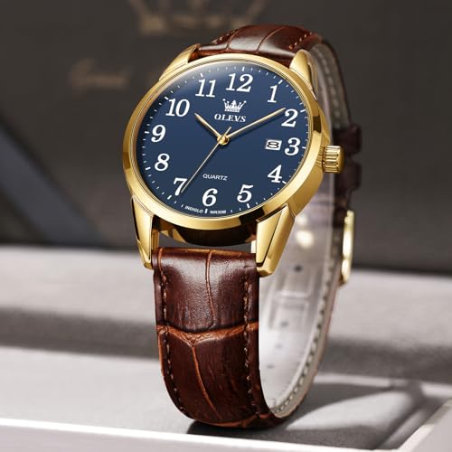 Image of OLEVS Watch Men Mens Watches Watches for Men Leather Band Classic Brown Leather Watch Men, Analog Watch Men, Black Mens Leather Watch, Dress Waterproof Large Face Mens Watch,Relojes para Hombres Watch