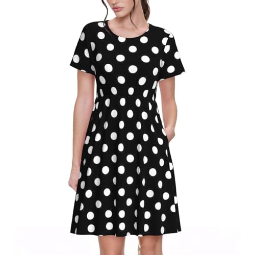 Robe d'été décontractée col rond imprimé pois noirs et blancs