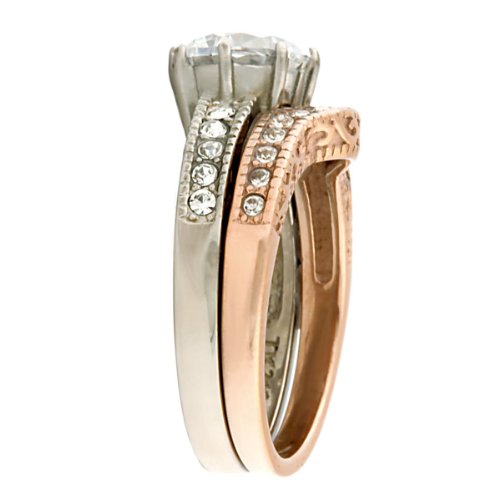 1000 Jewels Peaches: Ice On Fire Cz 2 Pc Wedding Ring Set 316 Steel And Ip Rose Gold-Tone Finish, 3092A Sz 9.0 #TOP3