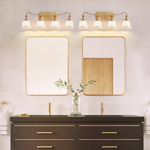 Image of LmnLvn 4‑Light Bathroom Vanity Light, Matte White with Crystal Glass Shade