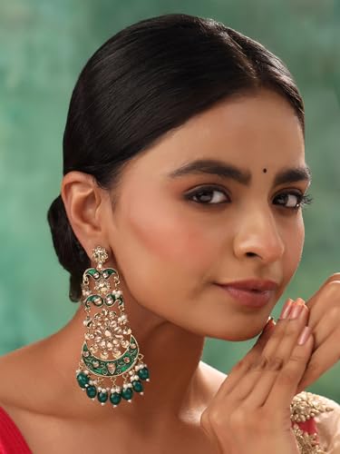 Image of Yellow Chimes Ethnic Gold Plated Meenakari Traditional Kundan Studded Floral Design Pearl Chandbali Earrings for Women and Girls