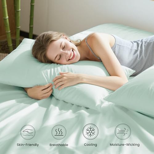 Image of Love's cabin 4 Piece Queen Sheet Set, 100% Rayon Derived from Bamboo, Cooling & Breathable, Soft Silky Deep Pocket up to 16 inch, Hotel Luxury Bedding for Hot Sleepers, Sea Glass