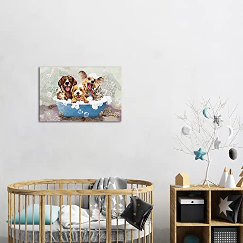 Lovehouse Funny Dog Wall Art Watercolor Animal Pictures Framed Abstract Pet Bathroom Paintings Prints Home Decor For Nursery Kids Boy Girl Bedroom Ready To Hang 16"X24" #TOP4
