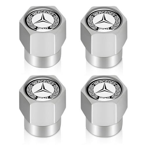 Tire Valve Stem Cap Cover for Mercedes-Benz AMG A C E S Class Series GLK CLA GLA GLC GLE CLS SLK Metal Wheel Air caps Auto Valve Stem Caps Accessories 4 Pack Silver