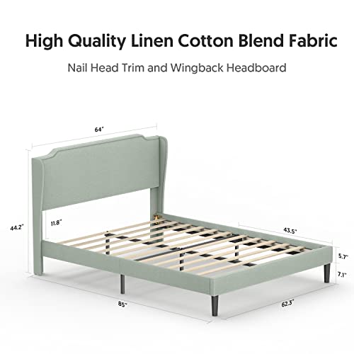 Bonsoir Queen Size Bed Frame Traditional Upholstered Low Profile Platform With Wing Back And Nail Trim Headboard/No Box Spring Needed/No Bed Skirt Needed/Soft Linen Fabric Upholstery/Light Green #TOP2