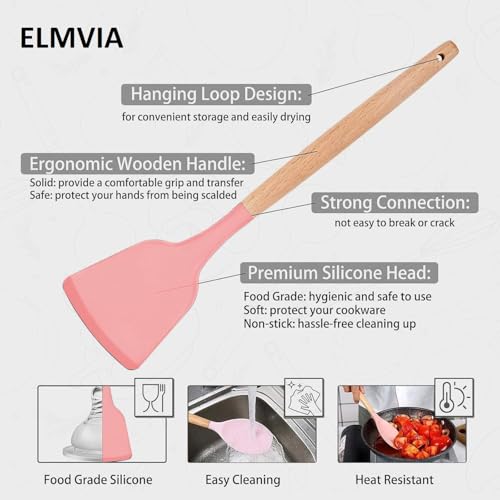 Image of Elmvia Silicone Cooking Utensil Set,12 PCS Cooking Kitchen Utensils Set, Nonstick Kitchen Utensils 446F Heat-Resistant Cookware Kitchen Tools of Spoon,Brush,Whisk,Spatula,Turner Tongs (Pink)