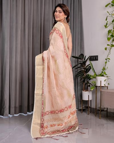 Image of ALMAARI FASHION Handloom Cotton Linen Saree for Women with Floral Printed Design and Tassel Pallu, Traditional Ethnic Lightweight Saree for Daily Office Festive with Blouse Piece