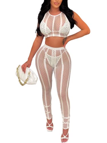 Uni Clau Women Sexy 2 Piece Outfits Hollow Out Crop Tank Top Bodycon Sheer Mesh Pant Set Tracksuit Bikini Cover Up White S #TOP28