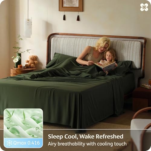Image of Bedsure 100% Organically Grown Bamboo Viscose King Size Sheets Set | Cooling Bedsheets for Hot Sleepers | Luxury Silky Soft | 18 inch Deep Pocket with Corner Straps | Oeko-Tex Certified [Olive Green]