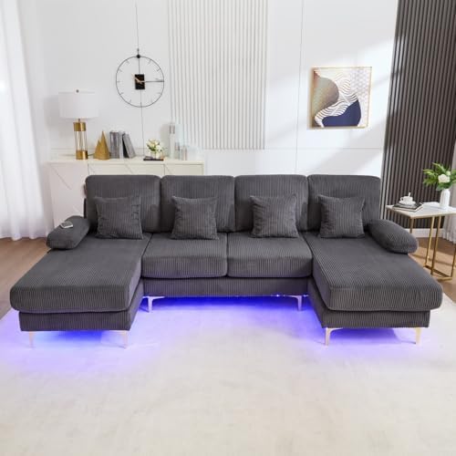Canapé 4 Places en U avec LED et USB C, Canapé d'angle en Velours...