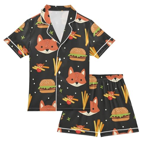 ALAZA Fox Hamburger French Fries Satin Pajamas Set Short Sleeve Button Down Sleepwear Summer Pjs 2 Piece