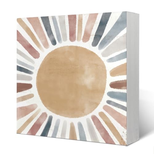 Image of Yetmadi Boho Sunshine Nursery Wood Box Sign - Neutral Boho Nursery Decor for Girl & Boys, Desk & Playroom Decor, 5x5