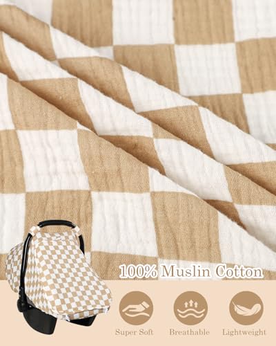 Image of DILIMI Car Seat Covers for Babies, Muslin Cotton Baby Car Seat Cover with Breathable Mesh Window, Summer Infant Car Seat Canopy for Boys Girls Newborn, Brown Plaid