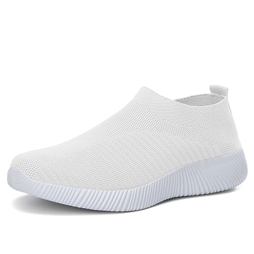 Image of YOUNIFIZ Women's Slip on Walking Loafer Shoes Knit Mesh Lightweight Comfort Slip on Breathable Sneakers(White, Size 4)