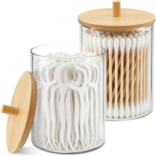 Glass Qtip Holder Dispenser 10 oz Apothecary Jar with Bamboo Lid 2 Pack