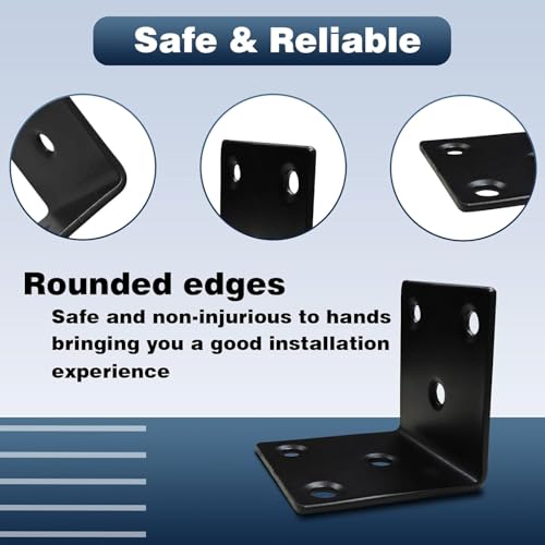 25Pack 2'' L Right Angle Brackets with Slot, 2 MM Thickness Black Stainless Steel Brackets for Wooden Furniture Timber, Heavy Duty Wide Corner Metal Brace 90Degree Shape Bracket