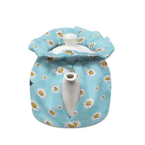 Image of Cute Cow Print Tea Cozy Daisy Print Tea Pot Cover Insulated Tea Cosy Teapot Dust Cover Teapot Warmer for Home Kitchen Teapot Covers, Blue