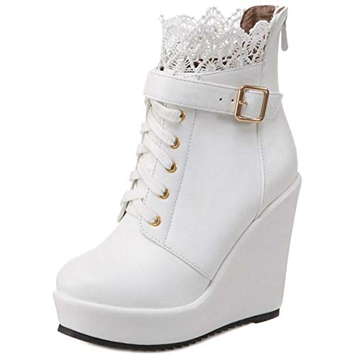 BeiaMina Damen fashion ankle boots keilabsatz martin stiefel absatz-partei-low boots-plattform-spitze-schuhe schnüren sich oben weiß 4.5 uk