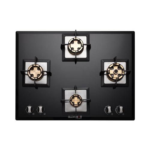 Image of BLOWHOT Pluton 4 Burner Battery Operated Hybrid Gas Hob Top Heavy Brass Burners With Brass Base 70cm Toughened Glass Top, One 100mm Triple Ring, Two 90mm Double Ring, One 70mm Brass Burner - Black