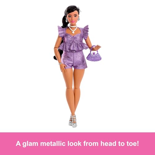 Barbie Deluxe Style Doll #8 in Metallic Purple Top and Sparkly Shorts, Black Hair in Braid, Accessories like Pearly Jewelry and Handbag, JFP43