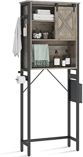 Itaar Over The Toilet Storage Cabinet, Farmhouse Bathroom Storage, 4-Tier Bathroom Shelves, Over Toilet Bathroom Organizer with Storage Bag and Hooks, Grey