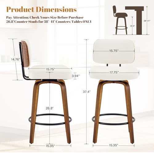 Image of Counter Height Bar Stools Set of 1, 26+inch Swivel Faux Leather Barstool with Back, Upholstered Mid-Century Modern Bar Chairs with Bent Wood Legs for Kitchen Counter, Dining Room,White