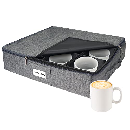 Coss Teo Mug Storage Box with Dividers, China Storage Container Holds 12 Coffee Mugs and Tea Cups, Durable Woven Fabric with Reinforced Handles and Dual Sleek Zippers ( Grey, 15  x 12  x 3.6 H )
