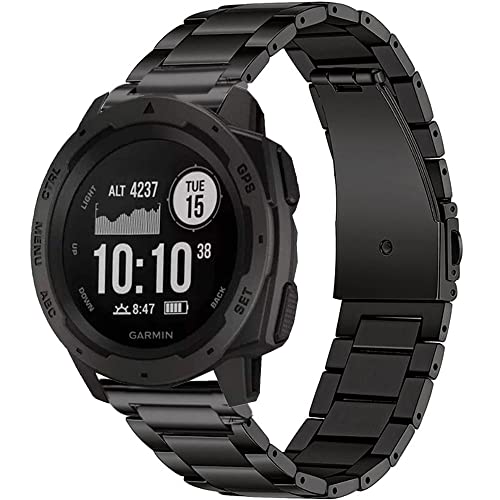 Metal Band for Garmin Instinct 3 45mm /Instinct 1/2 Solar Watch Bands Solid Stainless Steel Replacement Wristband Strap Men for Garmin Instinct2 Tactical/Tide/Esports/Solar Black